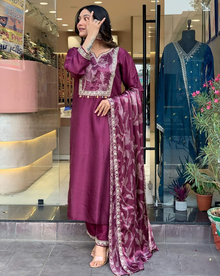 Wine Viscose Chanderi Salwar Kameez | Elegant Traditional Festive Wear