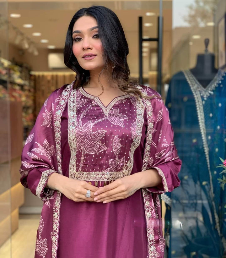 Wine Viscose Chanderi Salwar Kameez | Elegant Traditional Festive Wear