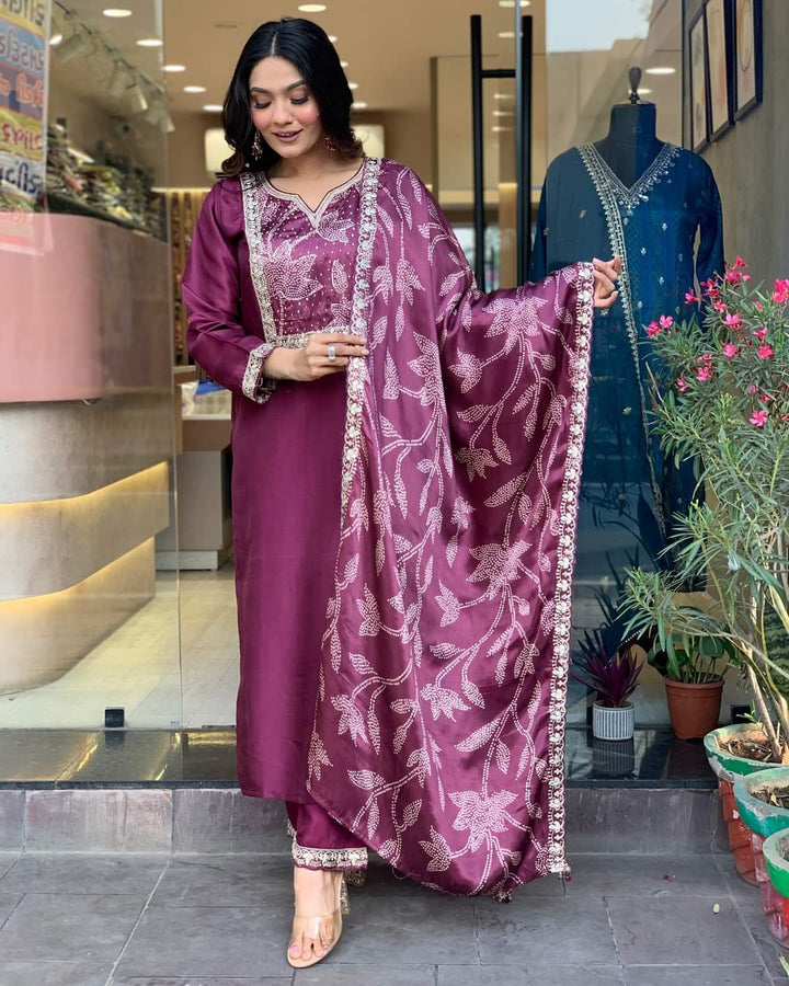Wine Viscose Chanderi Salwar Kameez | Elegant Traditional Festive Wear