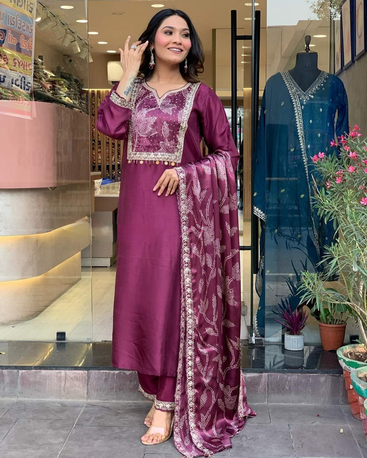 Wine Viscose Chanderi Salwar Kameez | Elegant Traditional Festive Wear