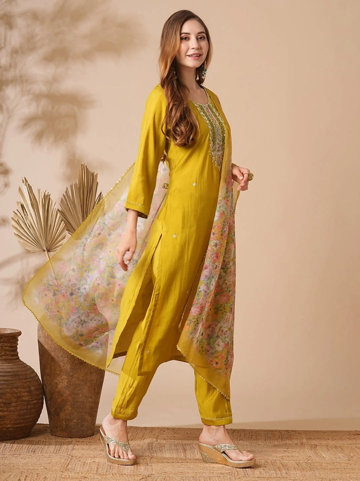 Vibrant Yellow Chanderi Suit Set for Haldi | Organza Dupatta & Lace Border