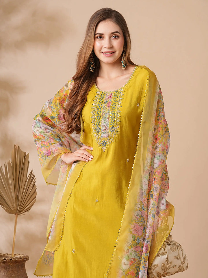 Vibrant Yellow Chanderi Suit Set for Haldi | Organza Dupatta & Lace Border