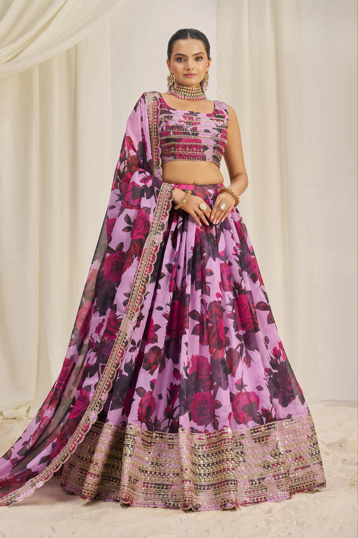fashion-Organza Printed Lehenga | Jari & Dori Work with Sequence Embroidery