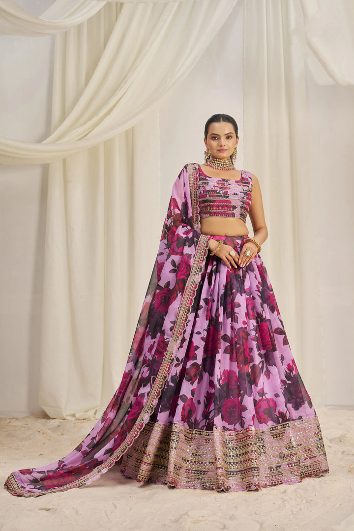 fashion-Organza Printed Lehenga | Jari & Dori Work with Sequence Embroidery