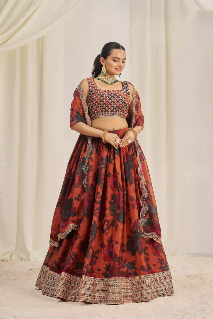 Organza Lehenga | Printed & Jari, Dori & Sequins Embroidery
