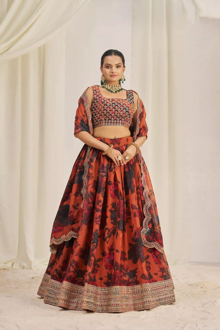 Organza Lehenga | Printed & Jari, Dori & Sequins Embroidery
