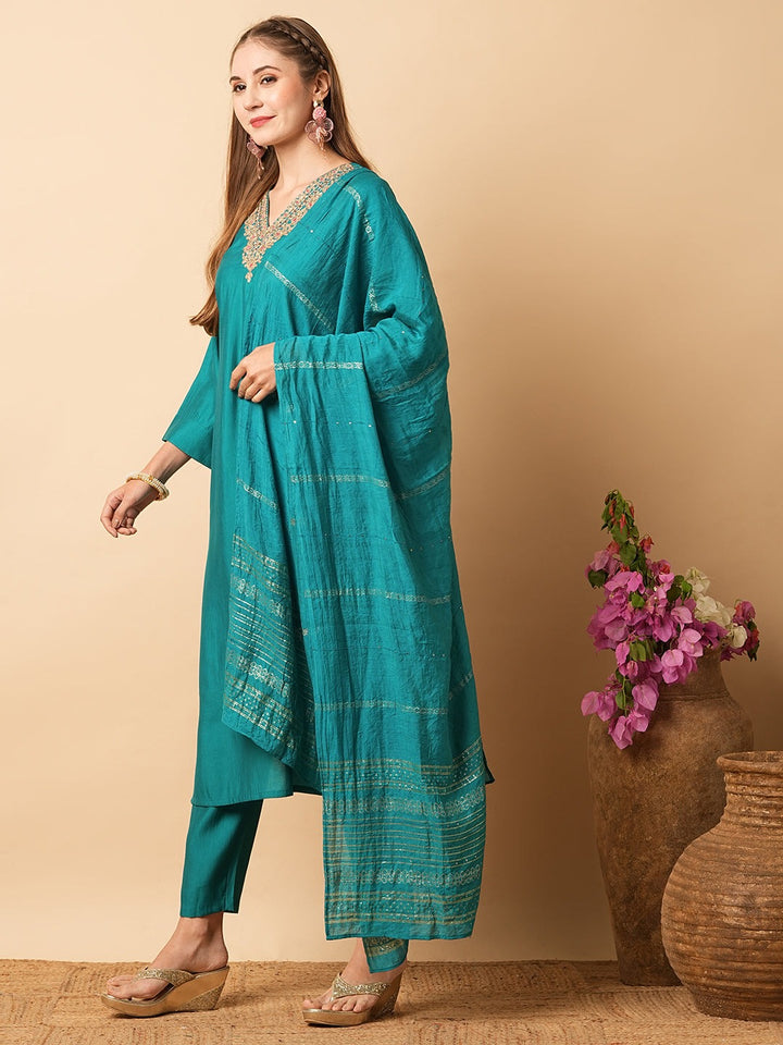 Rama Viscose Chanderi Suit | Elegant Embroidered Festive Wear