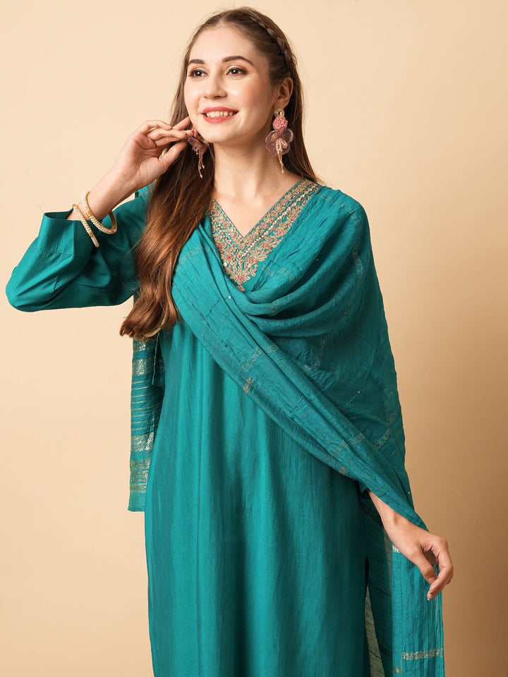 Rama Viscose Chanderi Suit | Elegant Embroidered Festive Wear