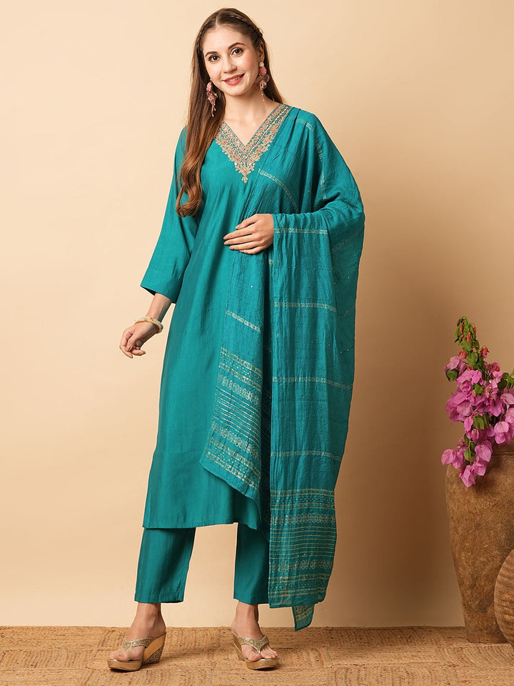 Rama Viscose Chanderi Suit | Elegant Embroidered Festive Wear