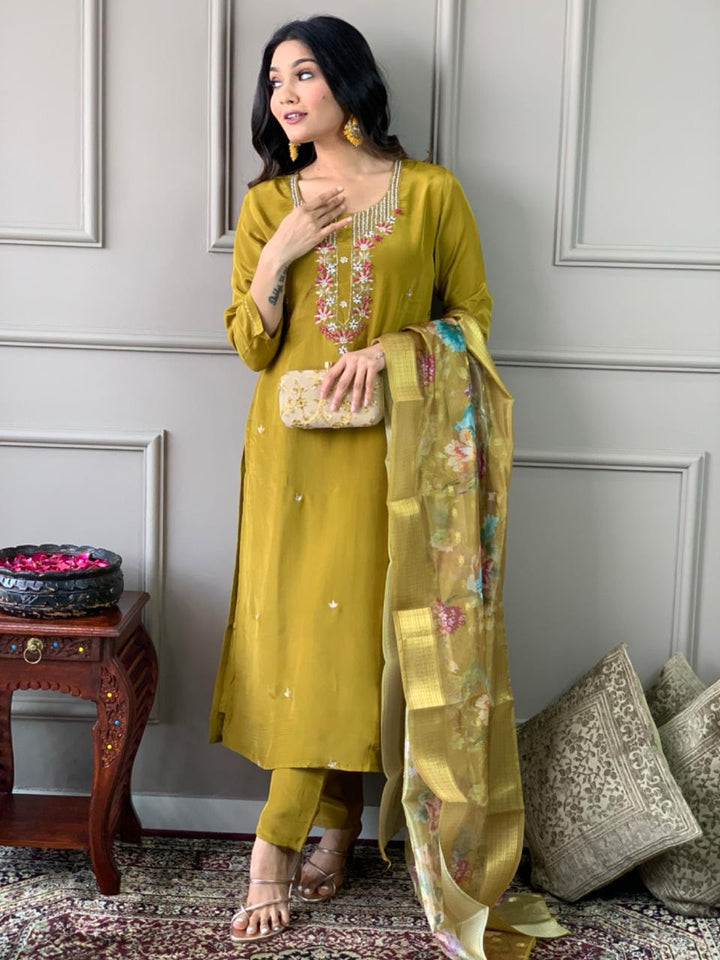 Mustard Green Viscose Chanderi Suit | Elegant Embroidered Festive Wear