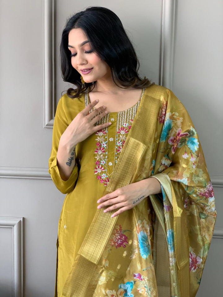 Mustard Green Viscose Chanderi Suit | Elegant Embroidered Festive Wear