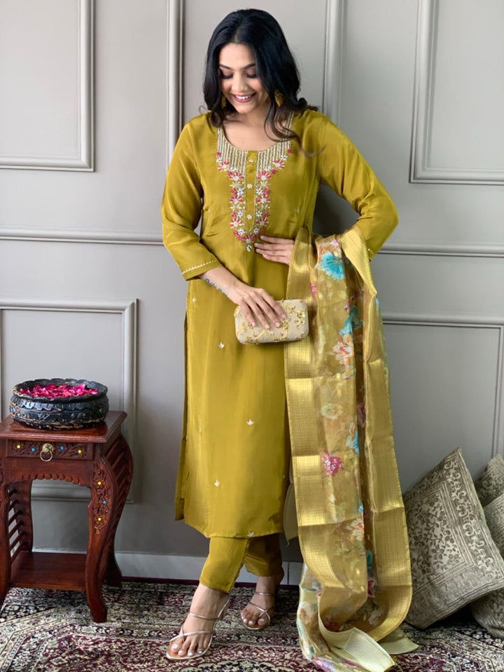 Mustard Green Viscose Chanderi Suit | Elegant Embroidered Festive Wear