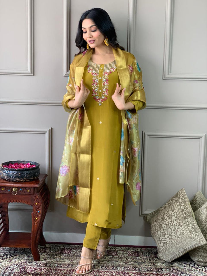 Mustard Green Viscose Chanderi Suit | Elegant Embroidered Festive Wear
