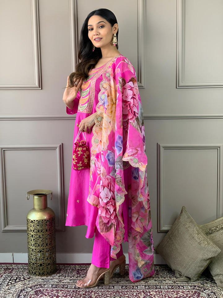 Pink Viscose Chanderi Suit | Elegant Embroidered Festive Wear