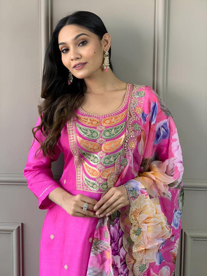 Pink Viscose Chanderi Suit | Elegant Embroidered Festive Wear