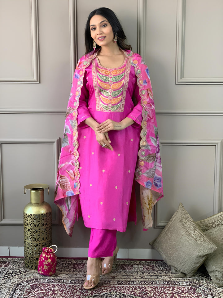 Pink Viscose Chanderi Suit | Elegant Embroidered Festive Wear
