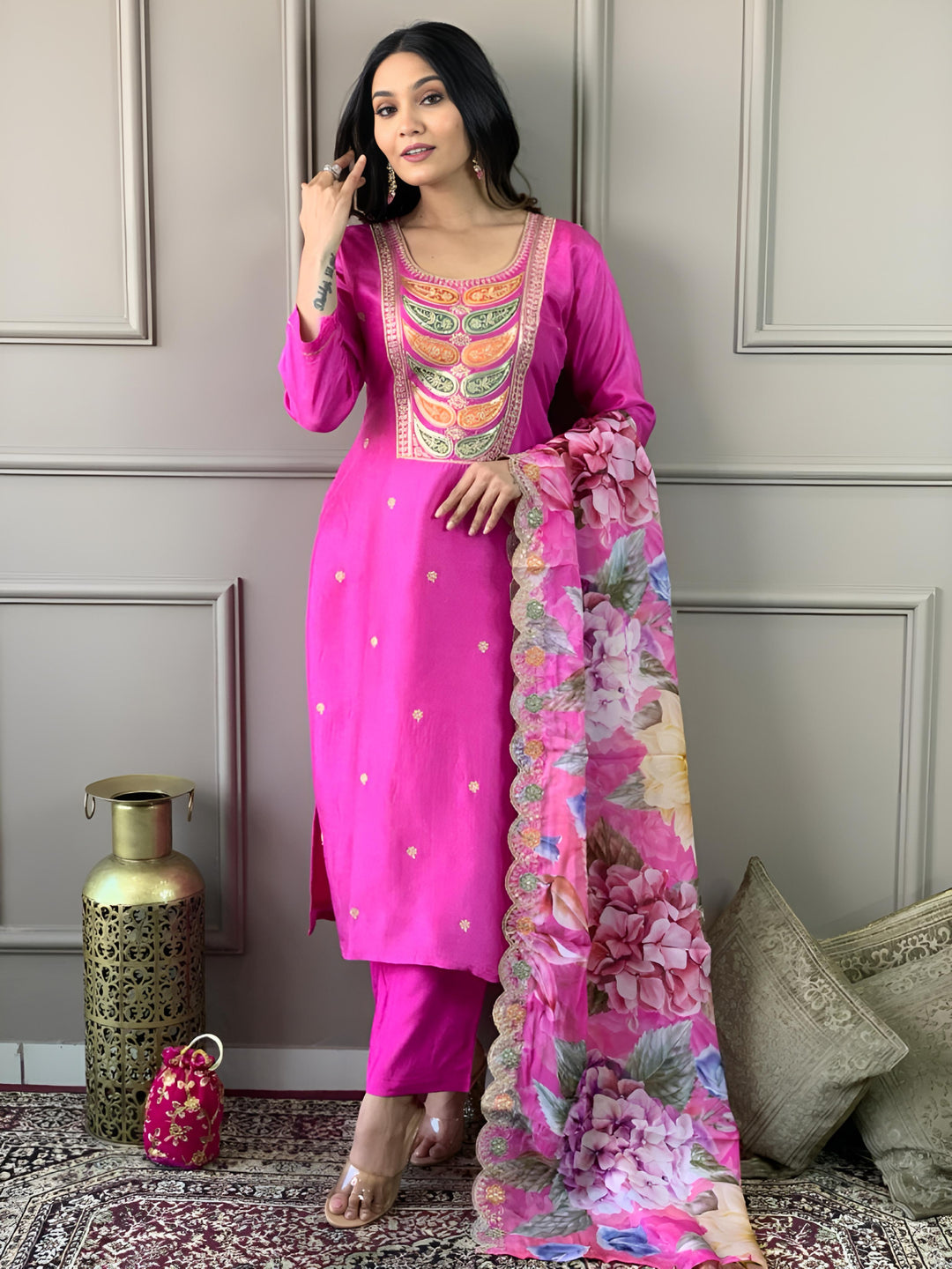 Pink Viscose Chanderi Suit | Elegant Embroidered Festive Wear