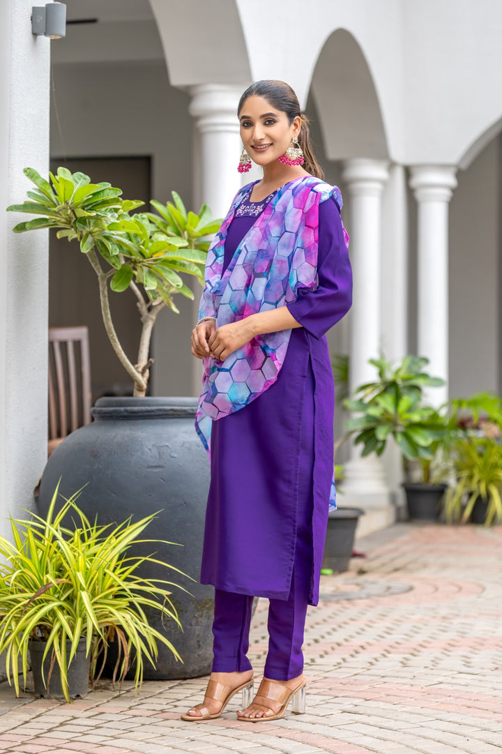 Purple Viscose Chanderi Suit | Elegant Embroidered Festive Wear for Women
