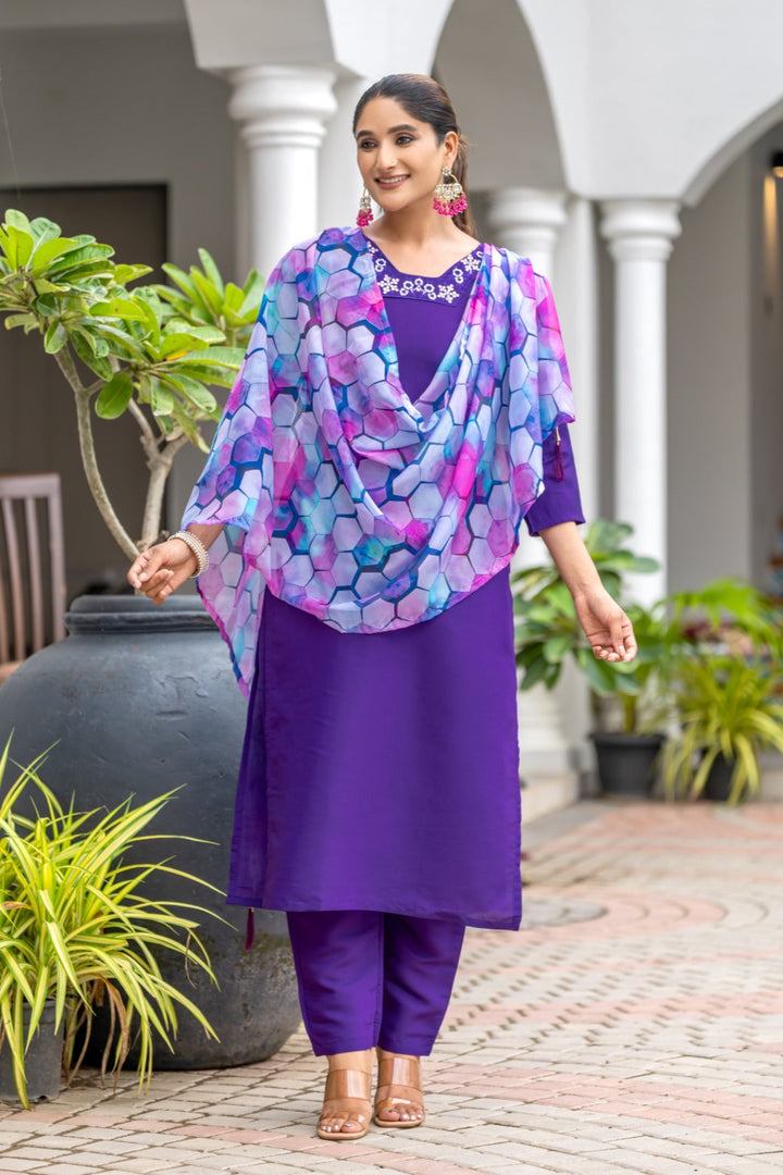 Purple Viscose Chanderi Suit | Elegant Embroidered Festive Wear for Women