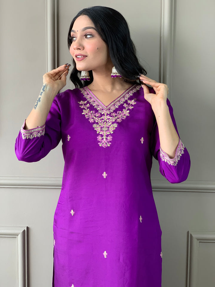 Violet Viscose Chanderi Suit | Elegant Embroidered Festive Wear