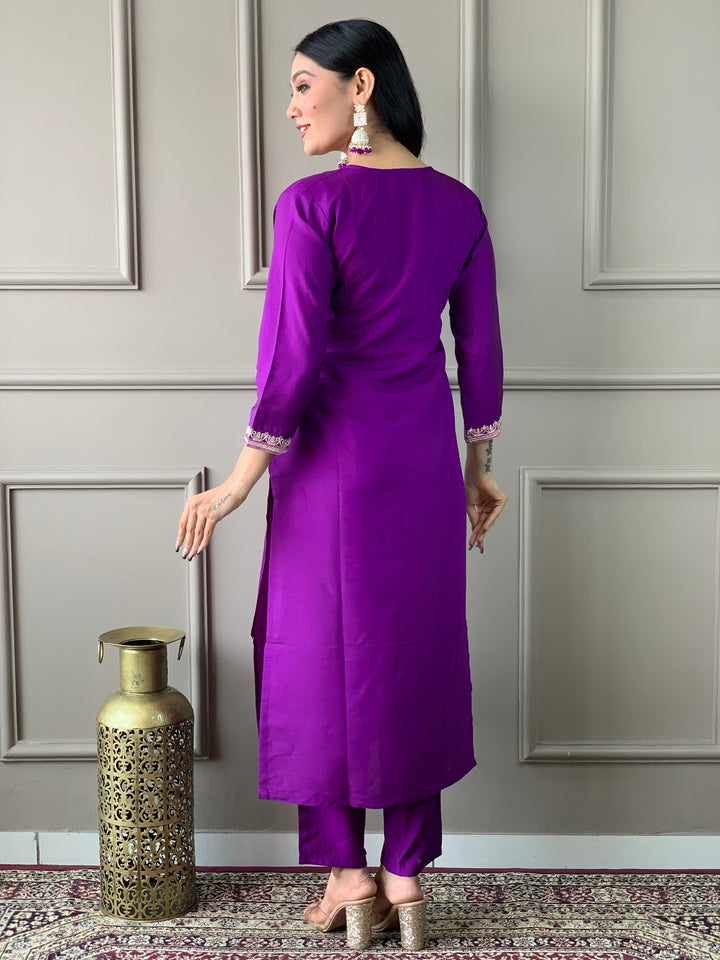 Violet Viscose Chanderi Suit | Elegant Embroidered Festive Wear