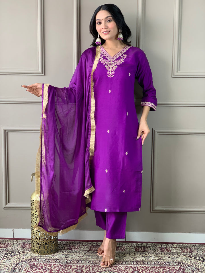 Violet Viscose Chanderi Suit | Elegant Embroidered Festive Wear