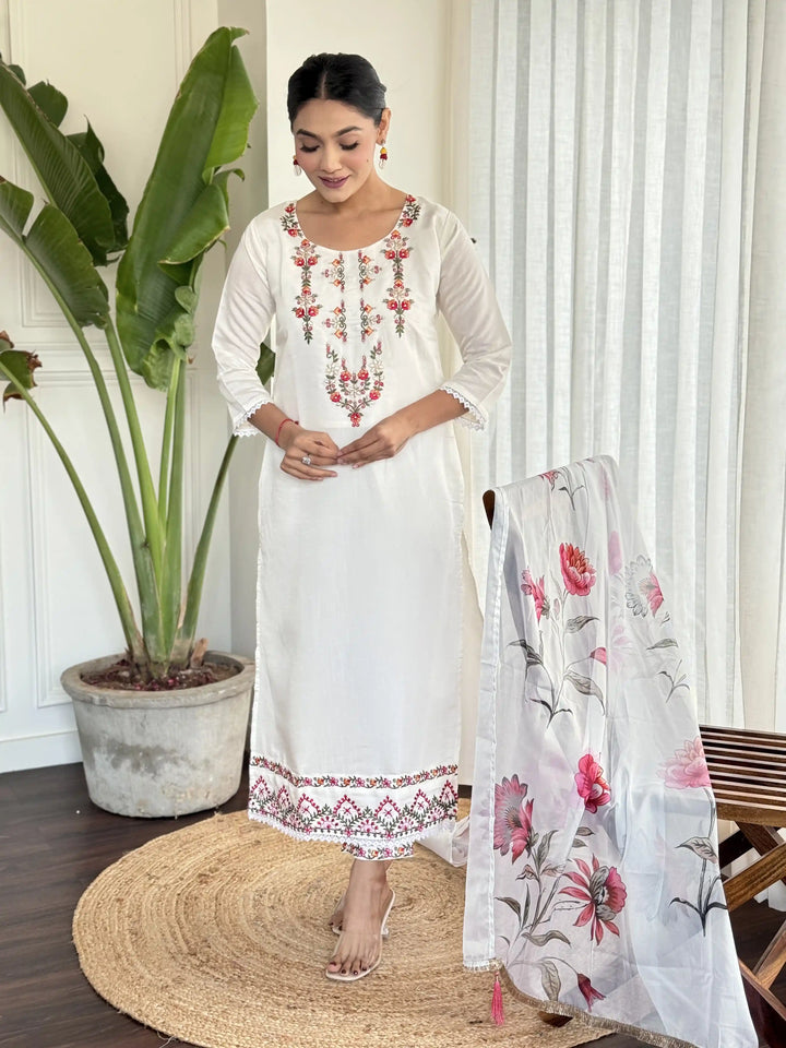 Elegant White Viscose Chanderi Suit | Designer Embroidery & Printed Dupatta