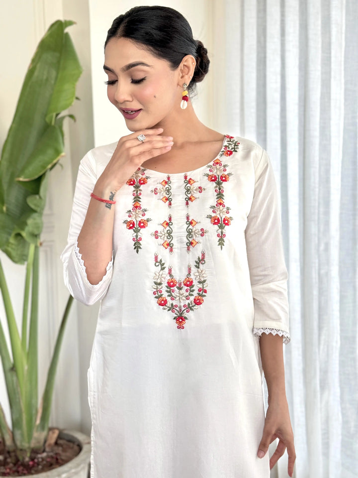 Elegant White Viscose Chanderi Suit | Designer Embroidery & Printed Dupatta