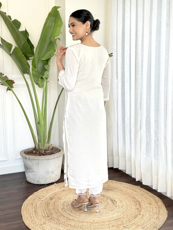 Elegant White Viscose Chanderi Suit | Designer Embroidery & Printed Dupatta