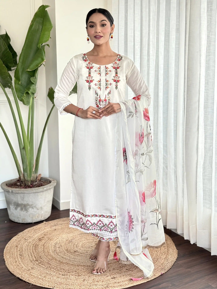 Elegant White Viscose Chanderi Suit | Designer Embroidery & Printed Dupatta