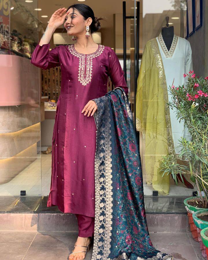 Burgundy Viscose Rayon Salwar Kameez | Elegant Embroidered Festive Wear