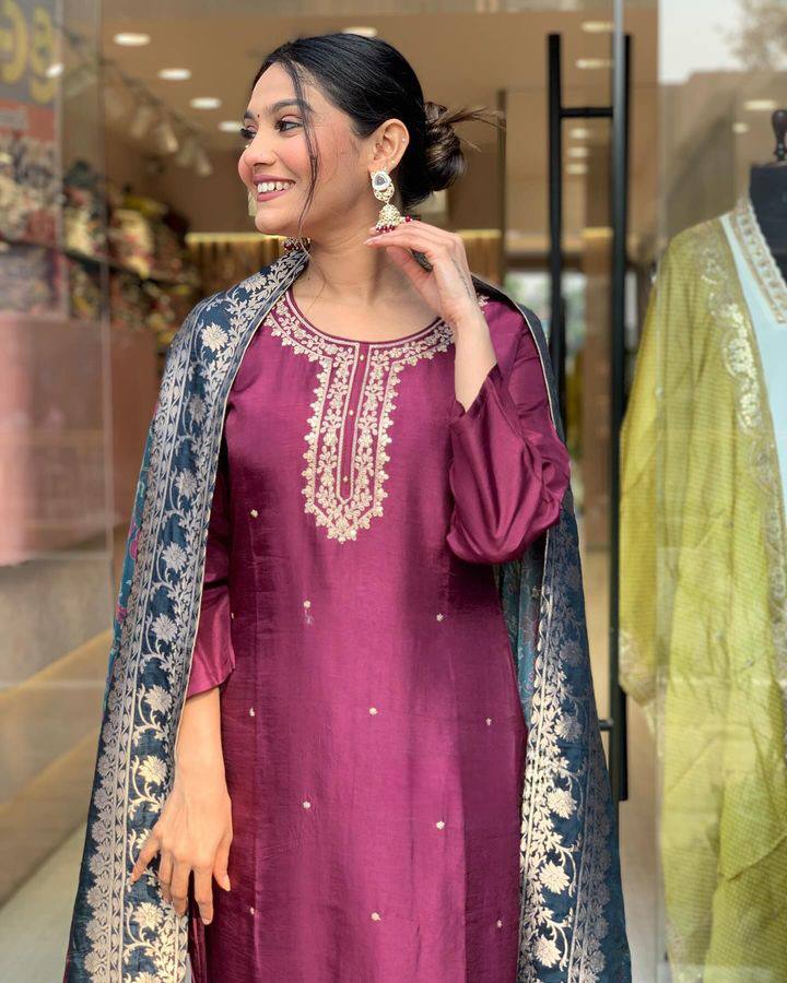 Burgundy Viscose Rayon Salwar Kameez | Elegant Embroidered Festive Wear