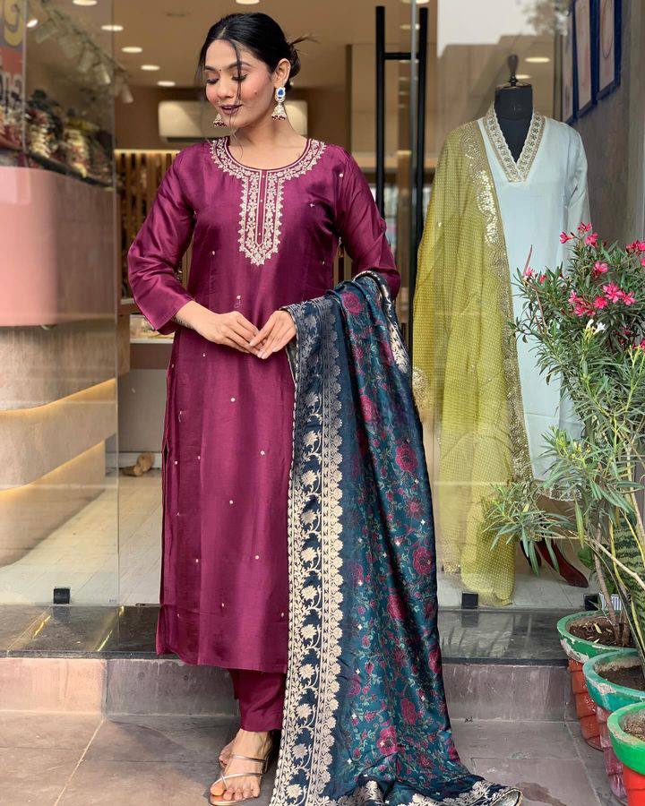 Burgundy Viscose Rayon Salwar Kameez | Elegant Embroidered Festive Wear
