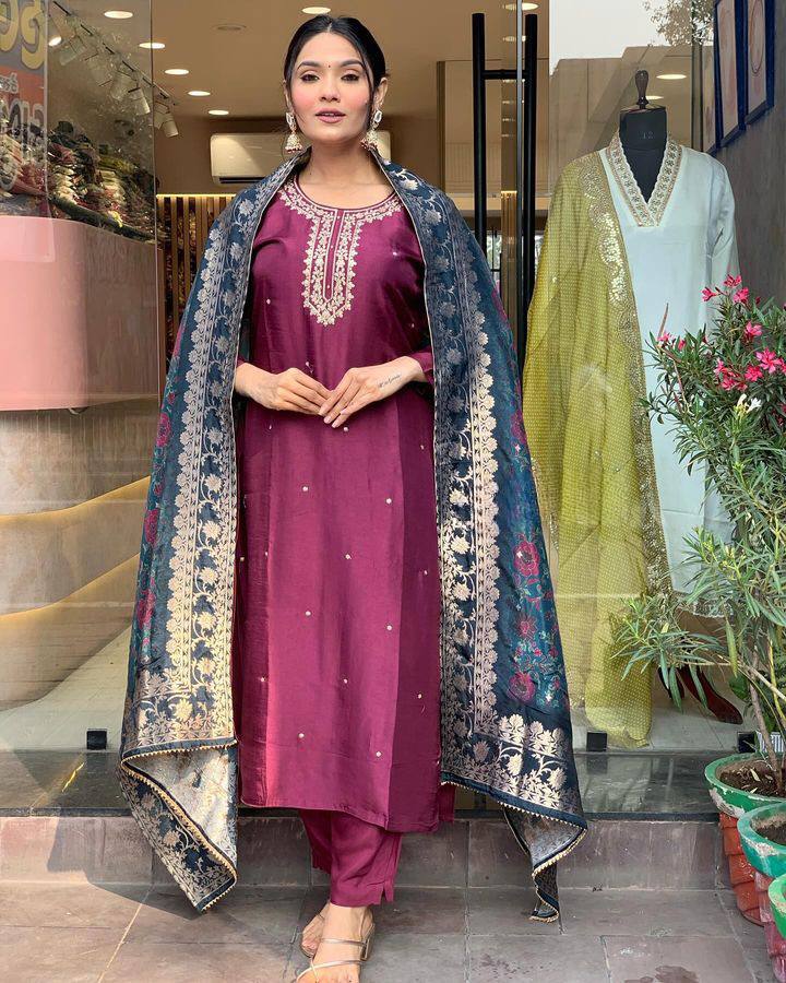 Burgundy Viscose Rayon Salwar Kameez | Elegant Embroidered Festive Wear