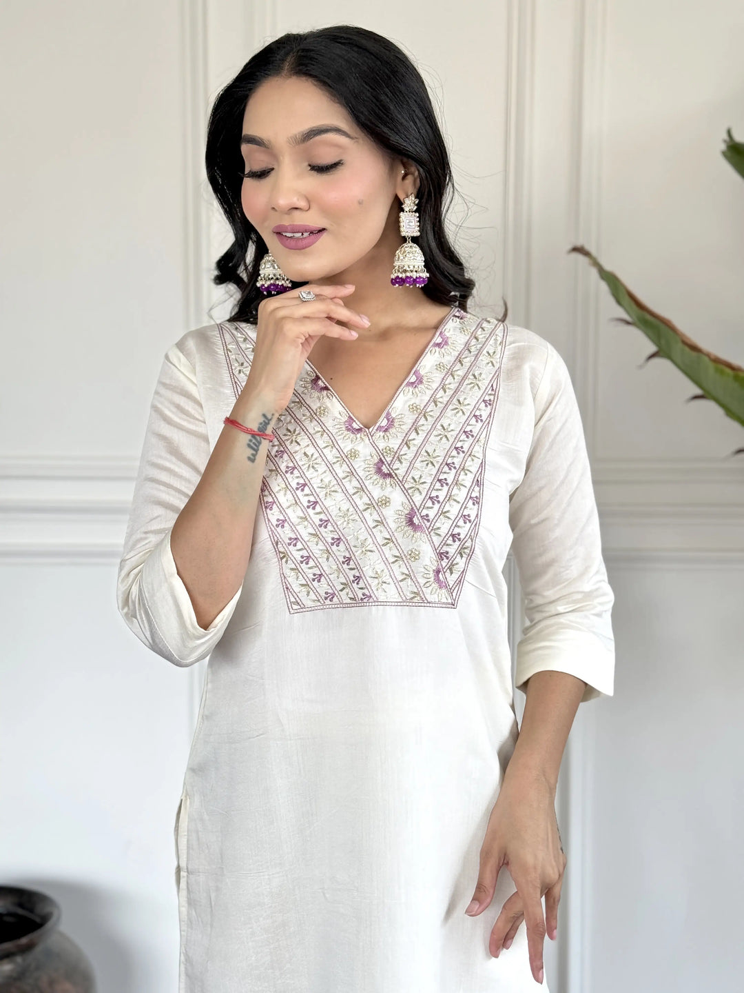 White Chanderi Salwar Kameez | Purple Chinon Dupatta & Embroidery Work