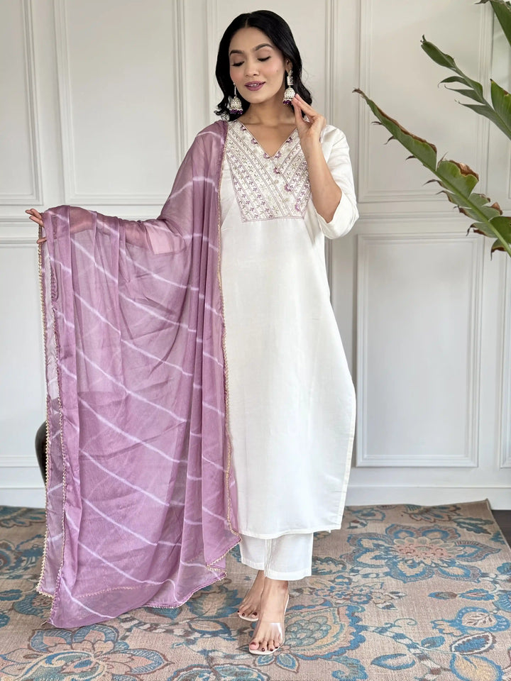 White Chanderi Salwar Kameez | Purple Chinon Dupatta & Embroidery Work