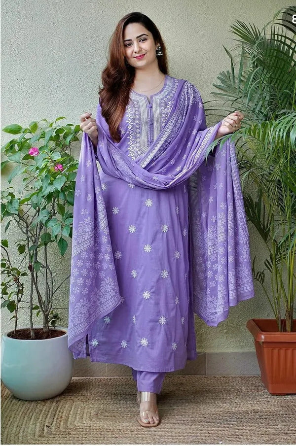 Lavender Cotton Salwar Kameez | Intricate Embroidery Elegant Ethnic Wear