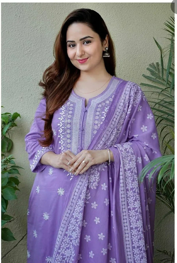 Lavender Cotton Salwar Kameez | Intricate Embroidery Elegant Ethnic Wear