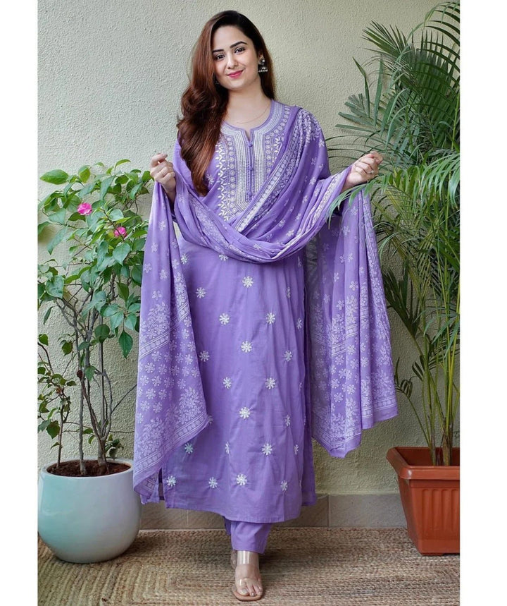 Lavender Cotton Salwar Kameez | Intricate Embroidery Elegant Ethnic Wear