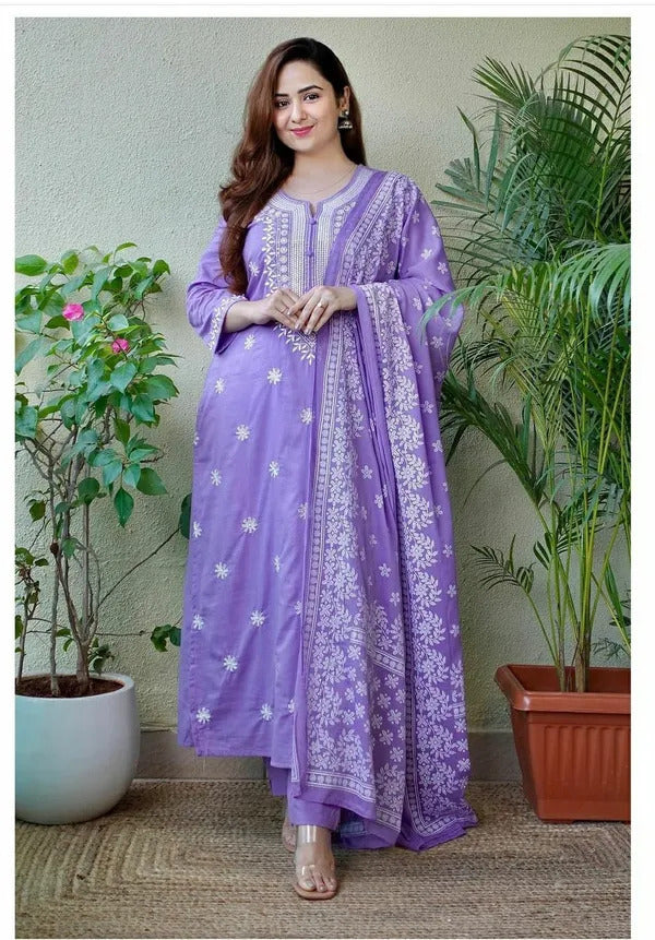 Lavender Cotton Salwar Kameez | Intricate Embroidery Elegant Ethnic Wear