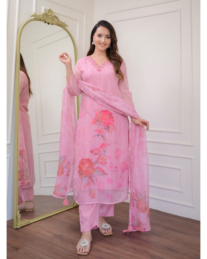 Organza Salwar Kameez | Elegant Floral Print & Delicate Embroidery Ethnic Wear
