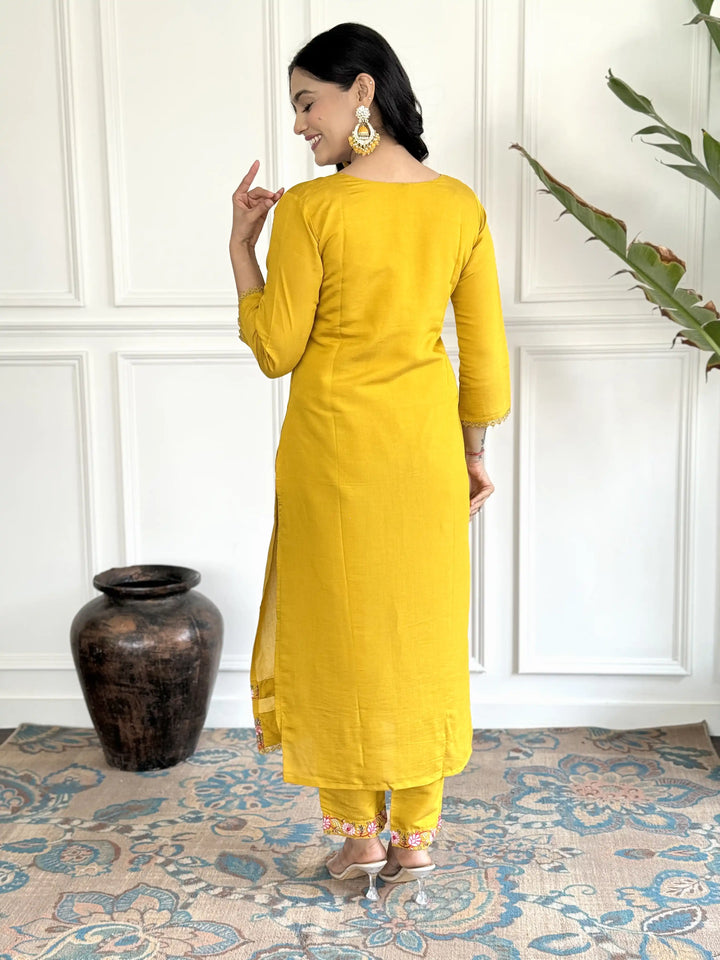 Mustard Chanderi Salwar Kameez | Floral Embroidery & Printed Dupatta