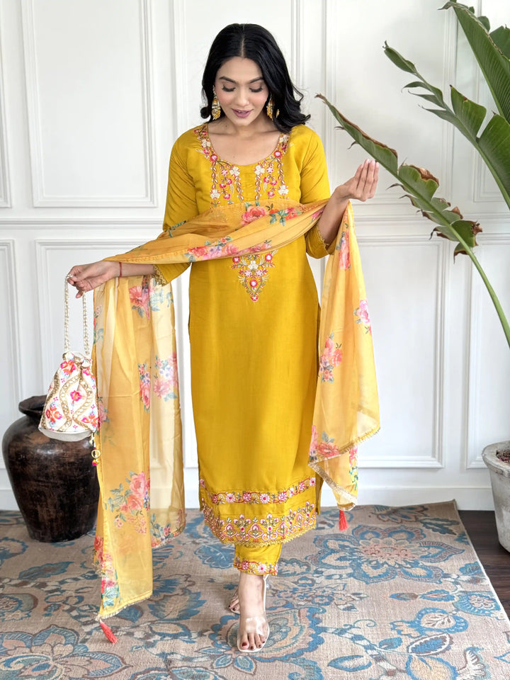 Mustard Chanderi Salwar Kameez | Floral Embroidery & Printed Dupatta