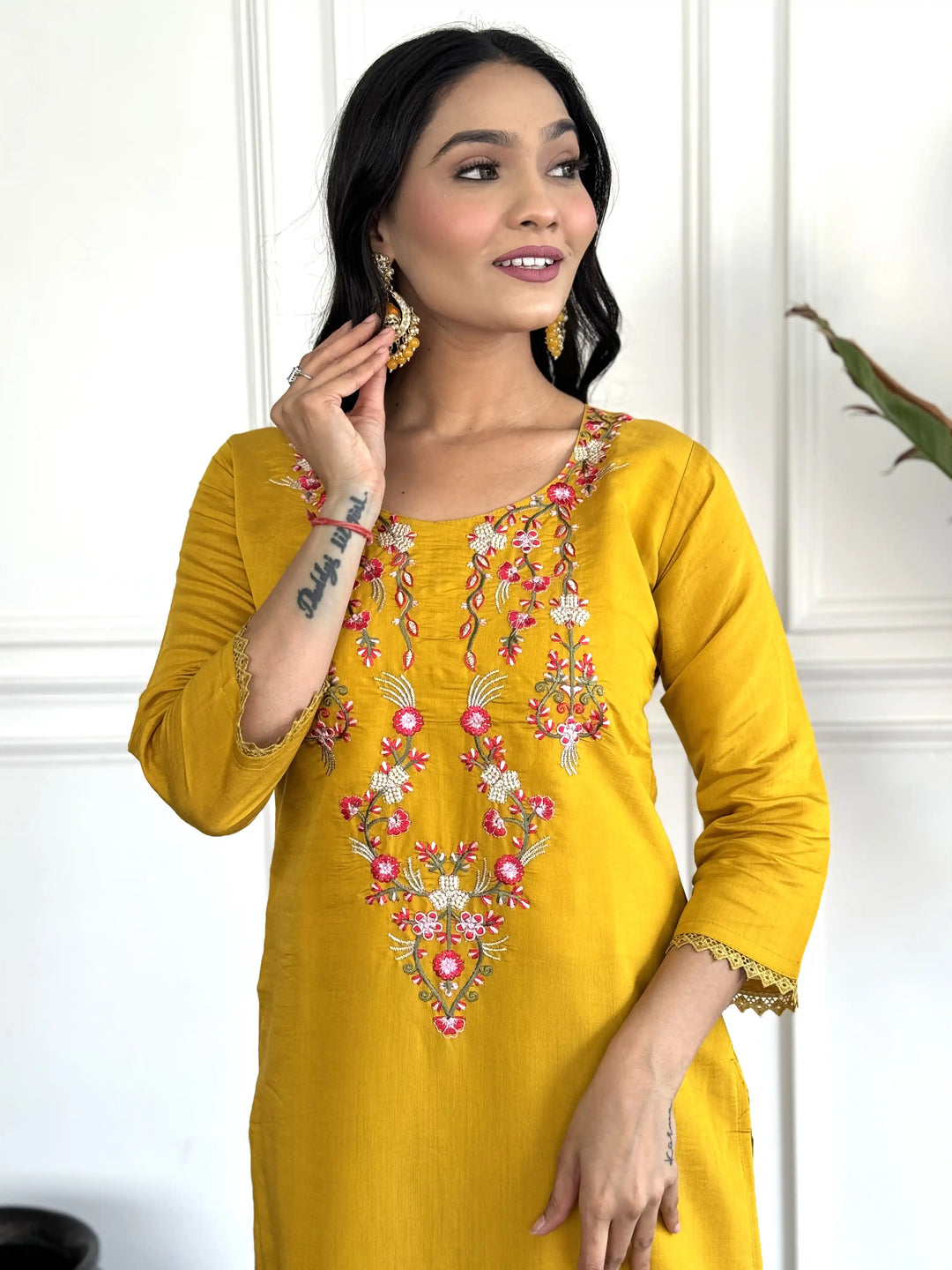 Mustard Chanderi Salwar Kameez | Floral Embroidery & Printed Dupatta