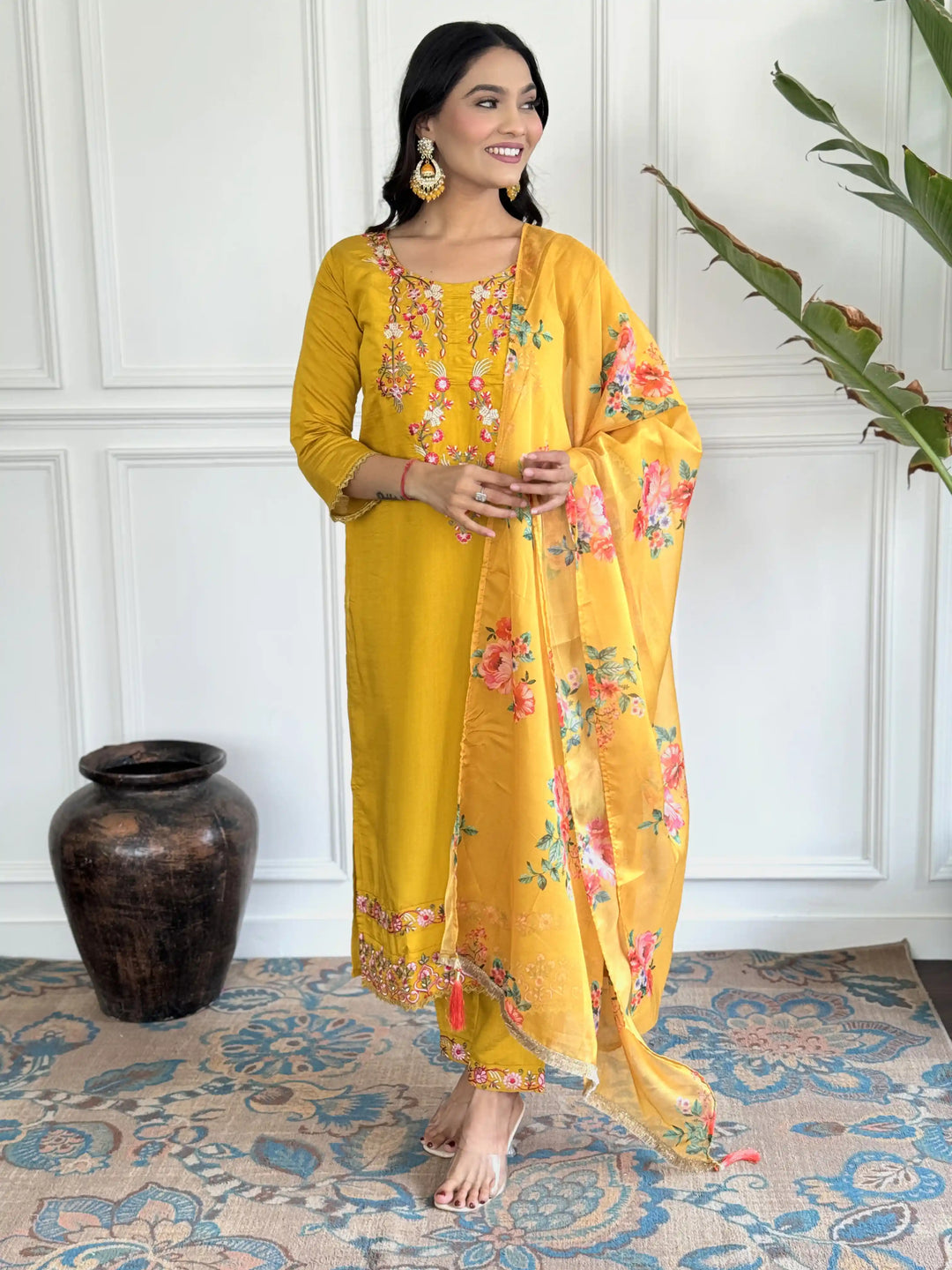 Mustard Chanderi Salwar Kameez | Floral Embroidery & Printed Dupatta