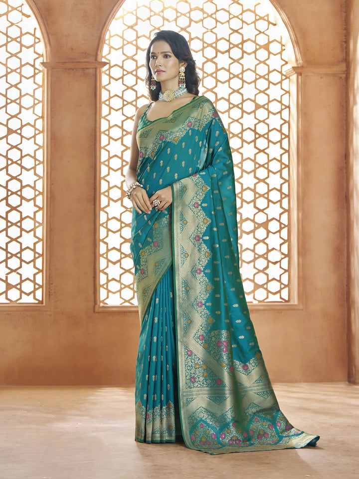 Gorgeous Teal Banarasi Silk Saree | Traditional Indian Sari for Weddings
