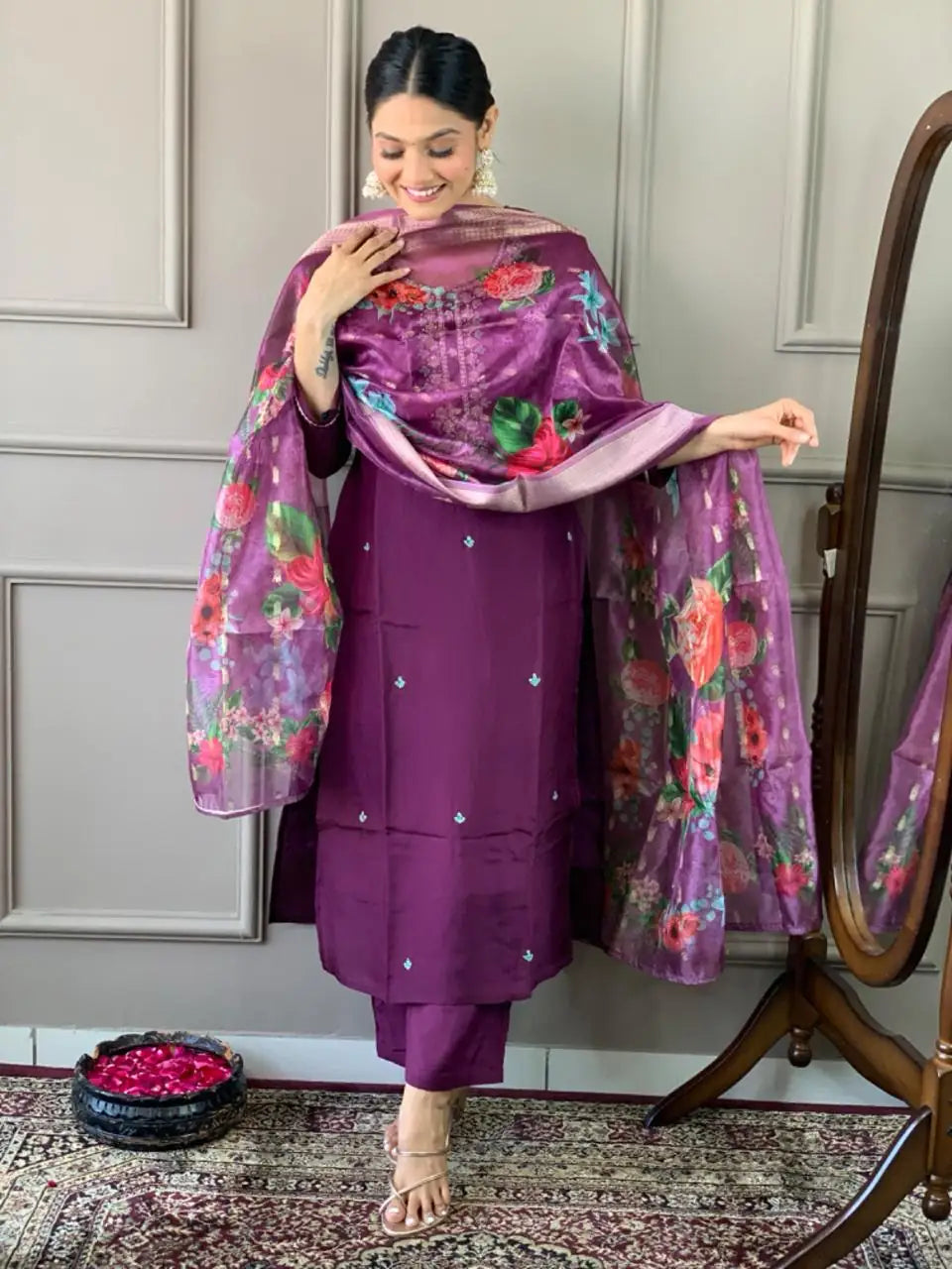 Viscose Chanderi Salwar Kameez | Intricate Embroidery with Floral Dupatta