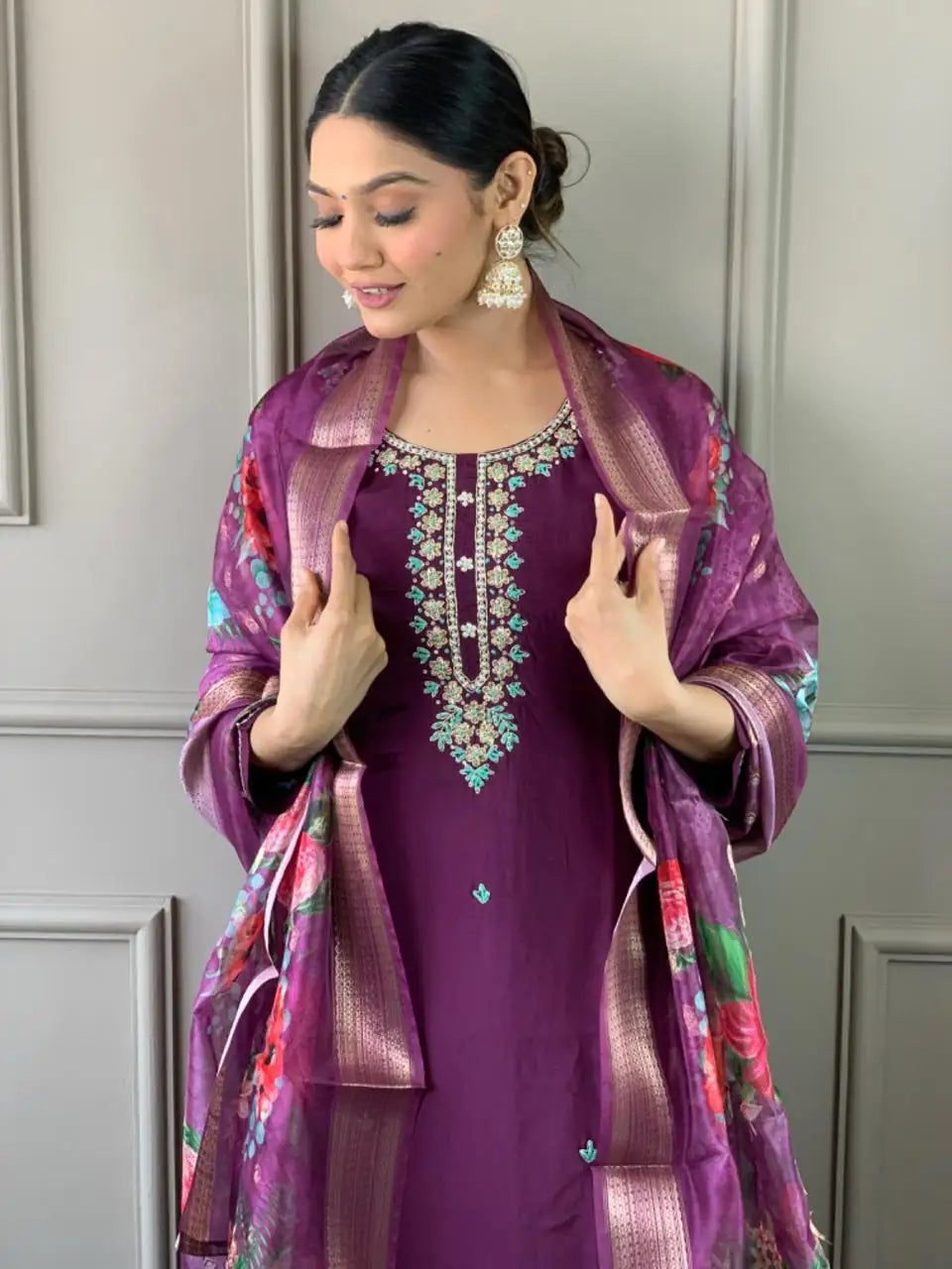 Viscose Chanderi Salwar Kameez | Intricate Embroidery with Floral Dupatta