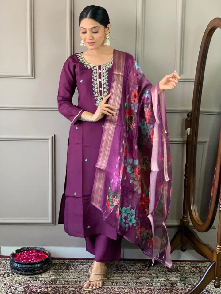 Viscose Chanderi Salwar Kameez | Intricate Embroidery with Floral Dupatta