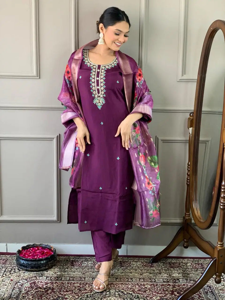 Viscose Chanderi Salwar Kameez | Intricate Embroidery with Floral Dupatta